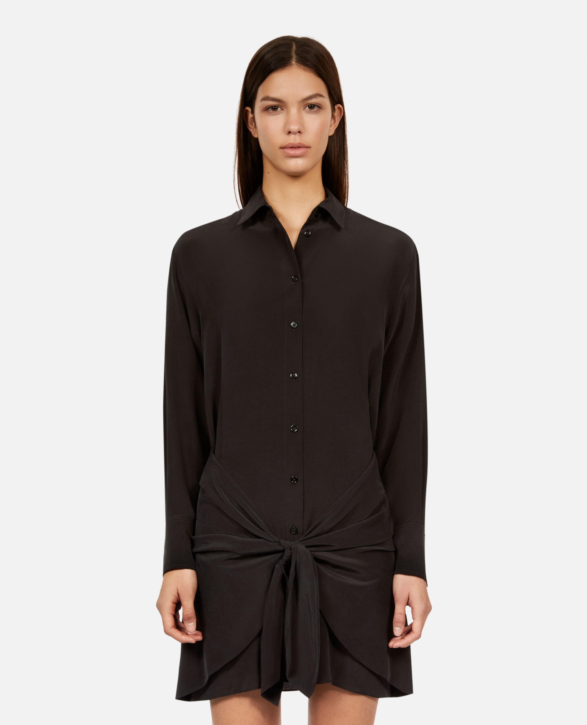 Kurzes schwarzes Hemdkleid mit Schleife, BLACK, hi-res image number null