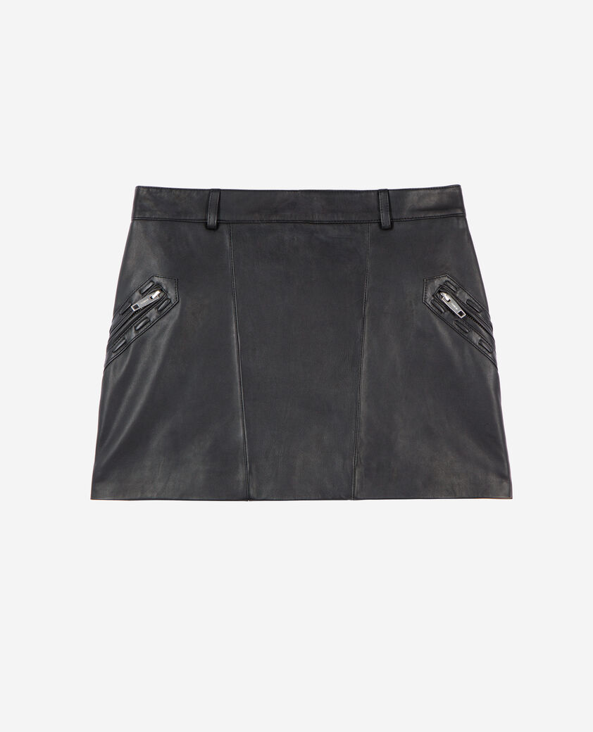 The Kooples WOMEN BLACK STONE short black leather skirt