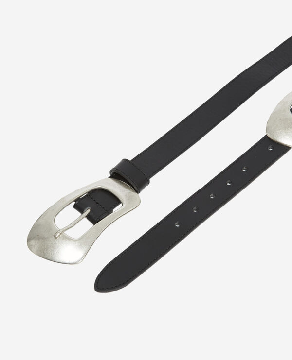 black skinny leather belt with double buckle