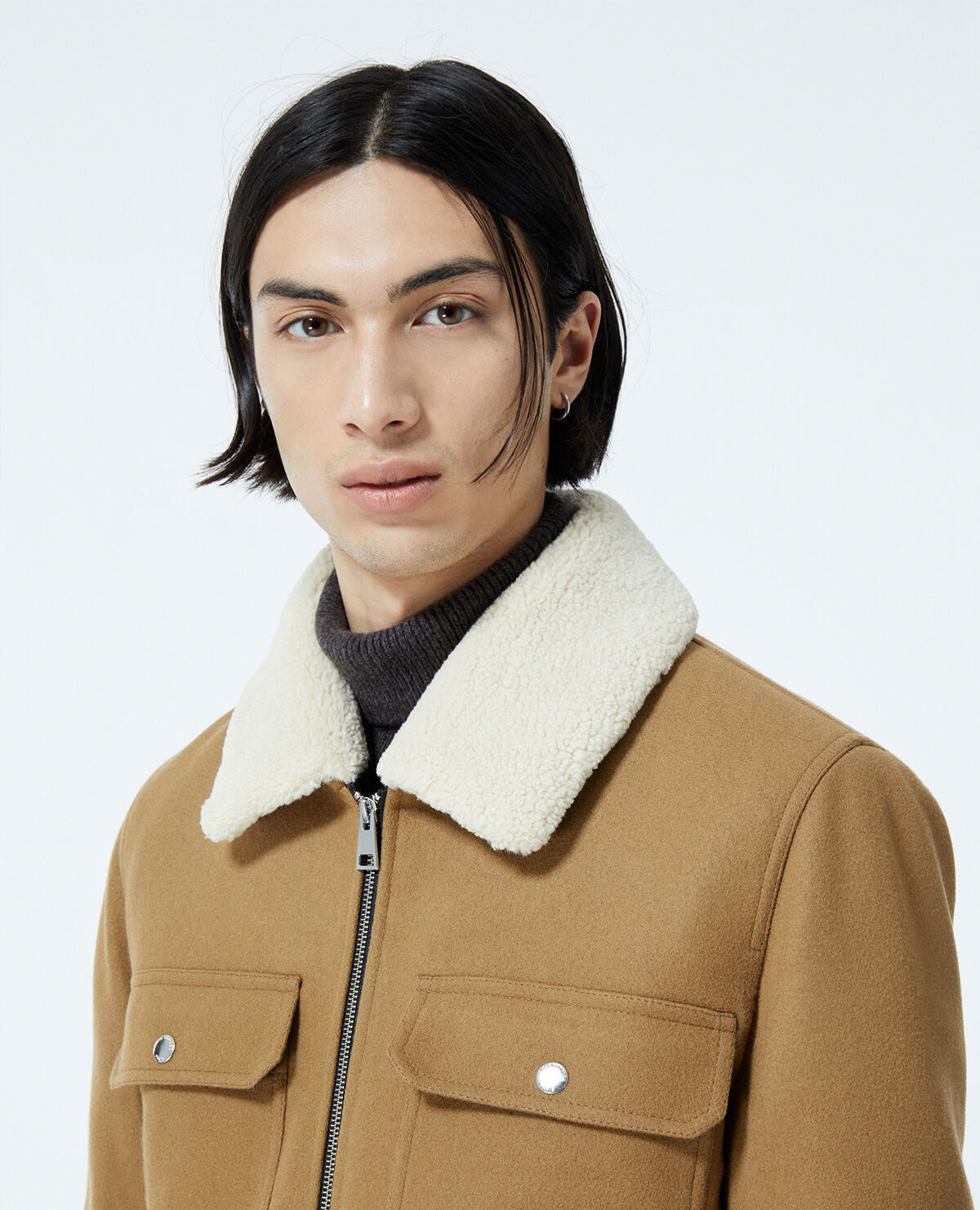 Camel-colored wool jacket w/sheepskin collar