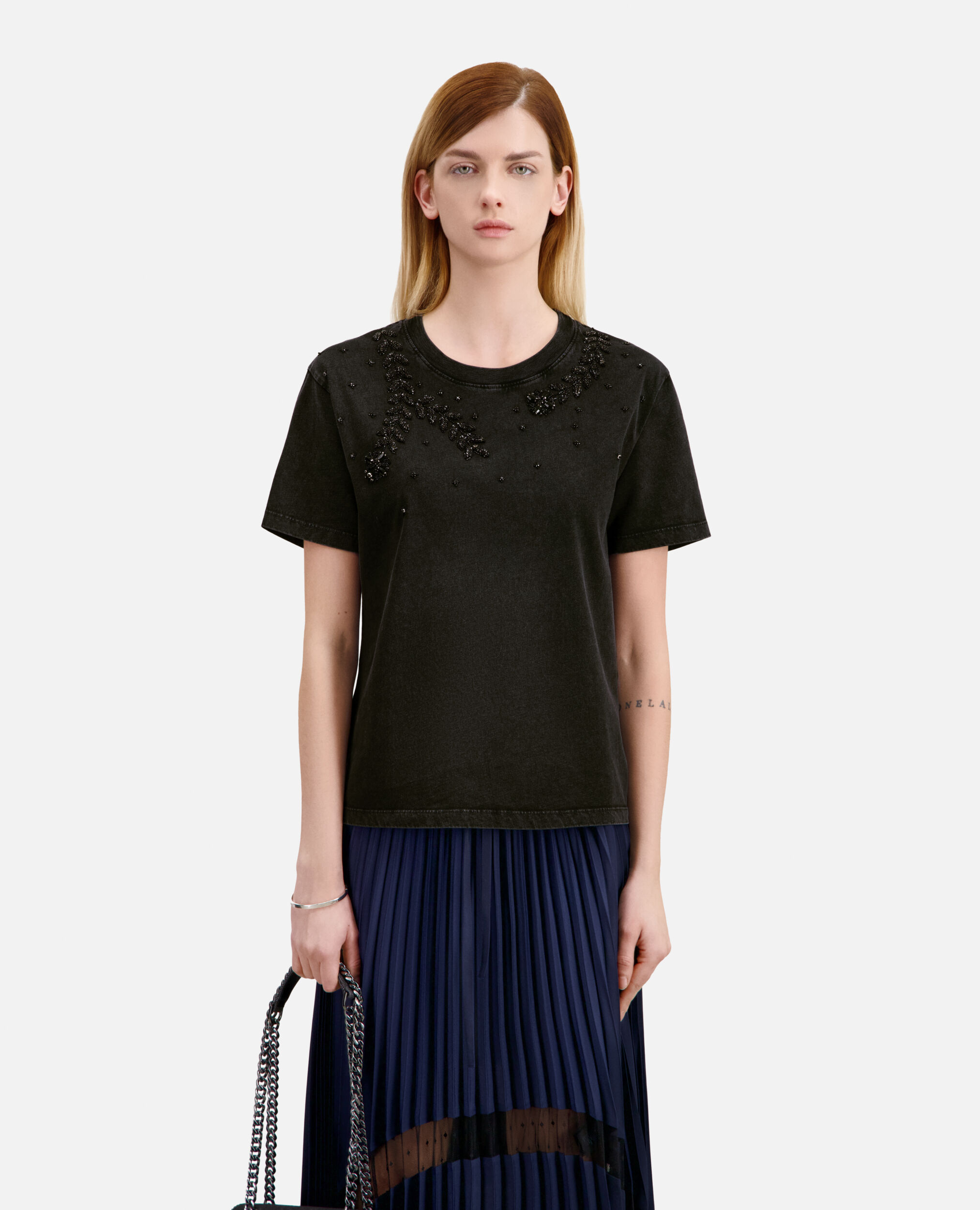 Black t-shirt with bijou embroidery, BLACK WASHED, hi-res image number null