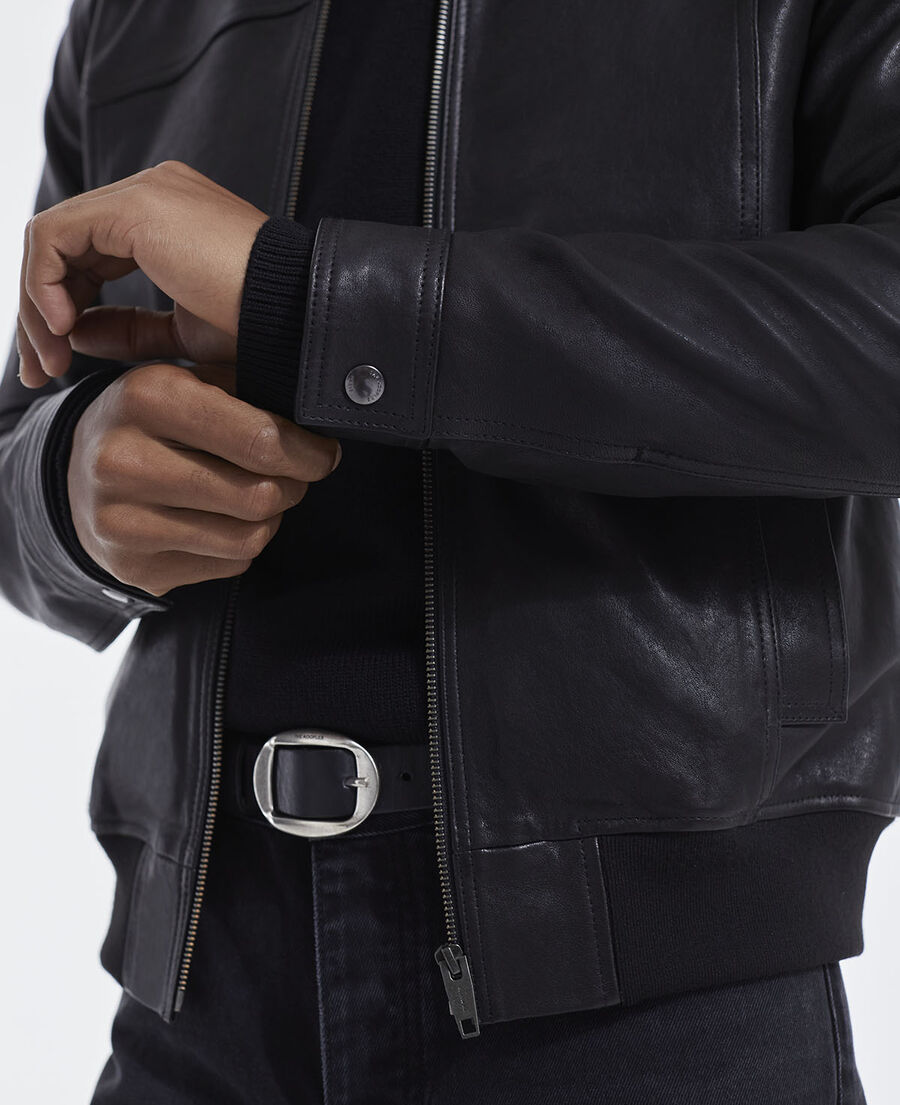 aged-effect leather jacket with ribbed edges