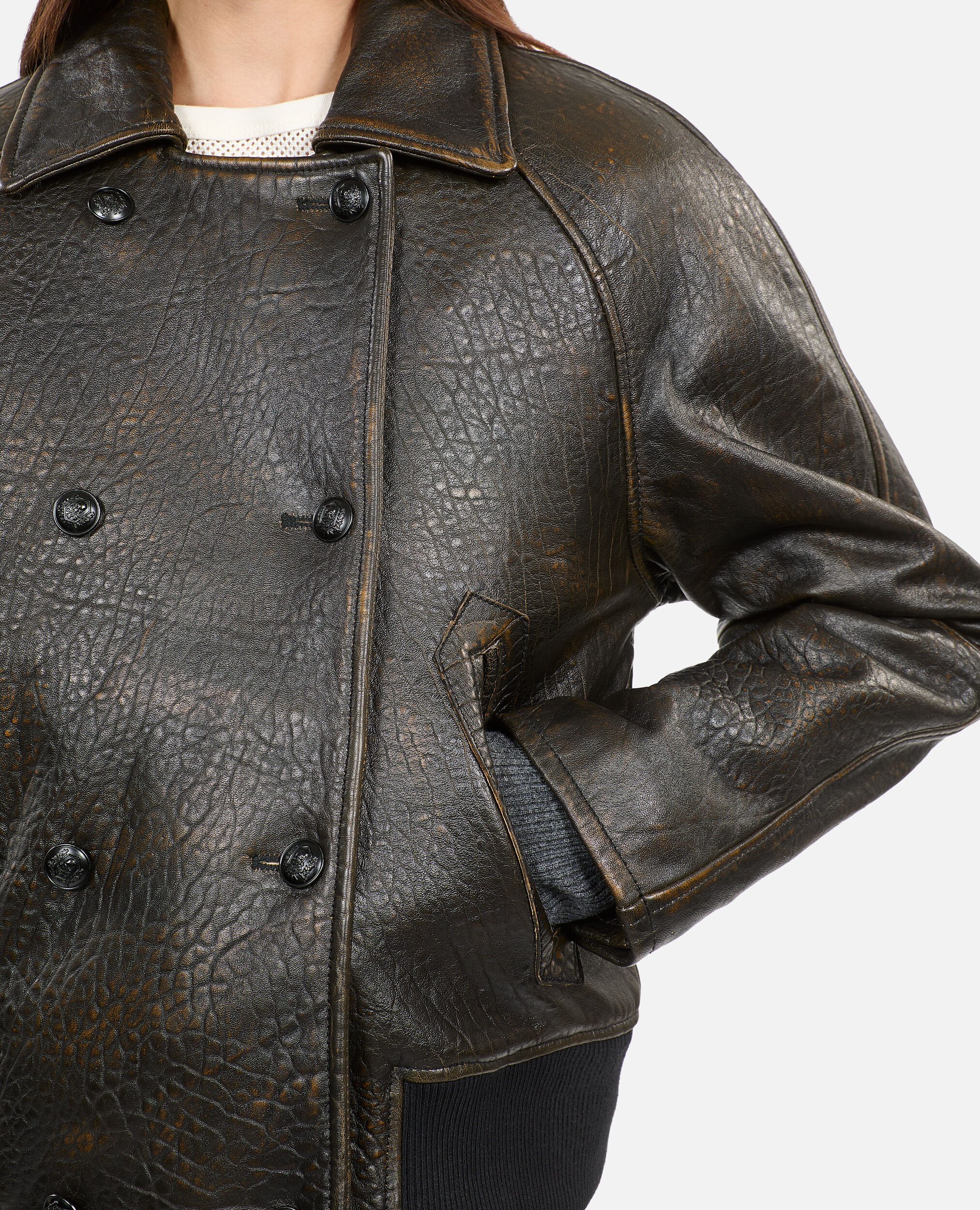 Brown leather jacket, DARK BROWN, hi-res image number null