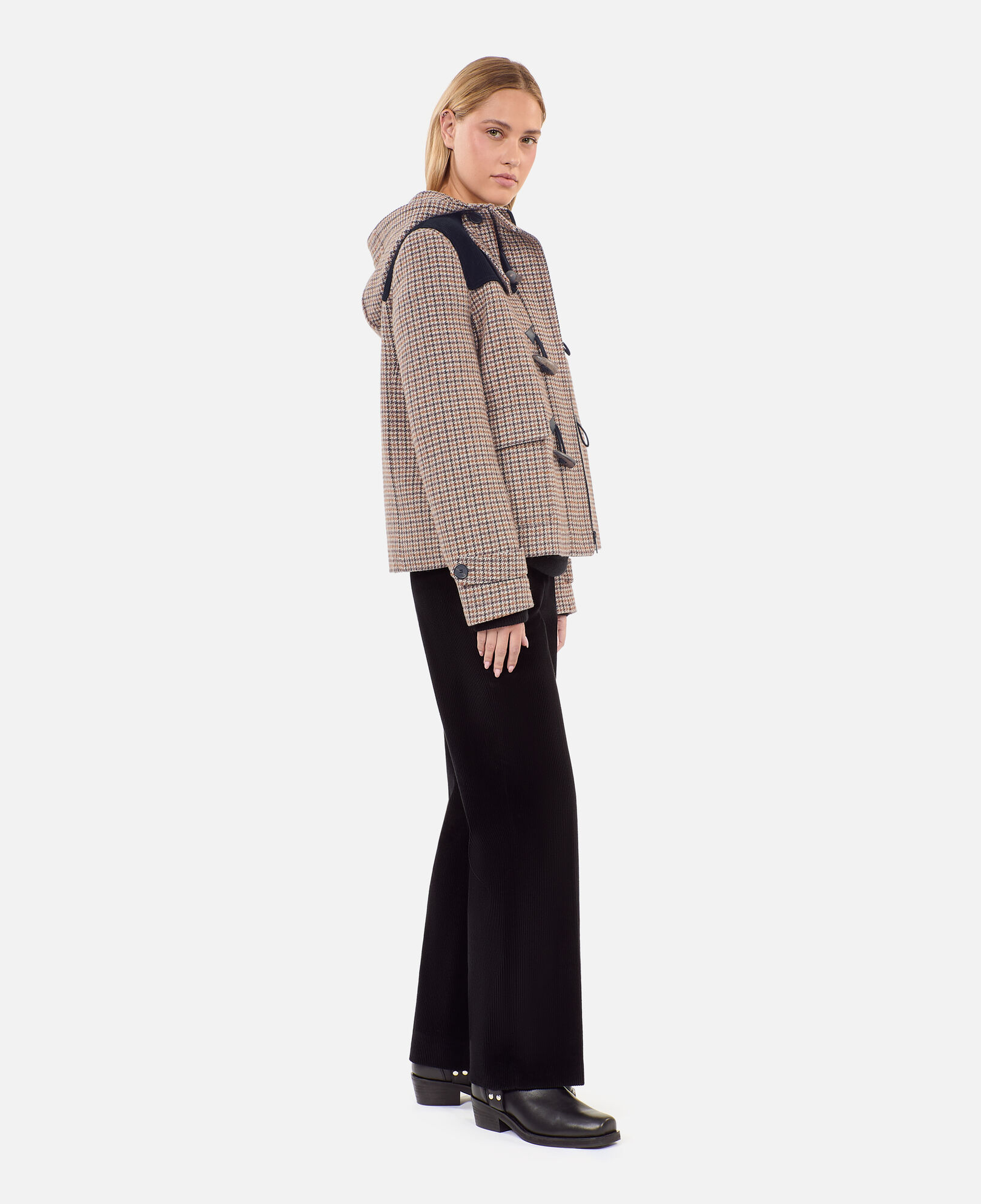 The Kooples WOMEN BEIGE-BROWN beige houndstooth hooded pea coat