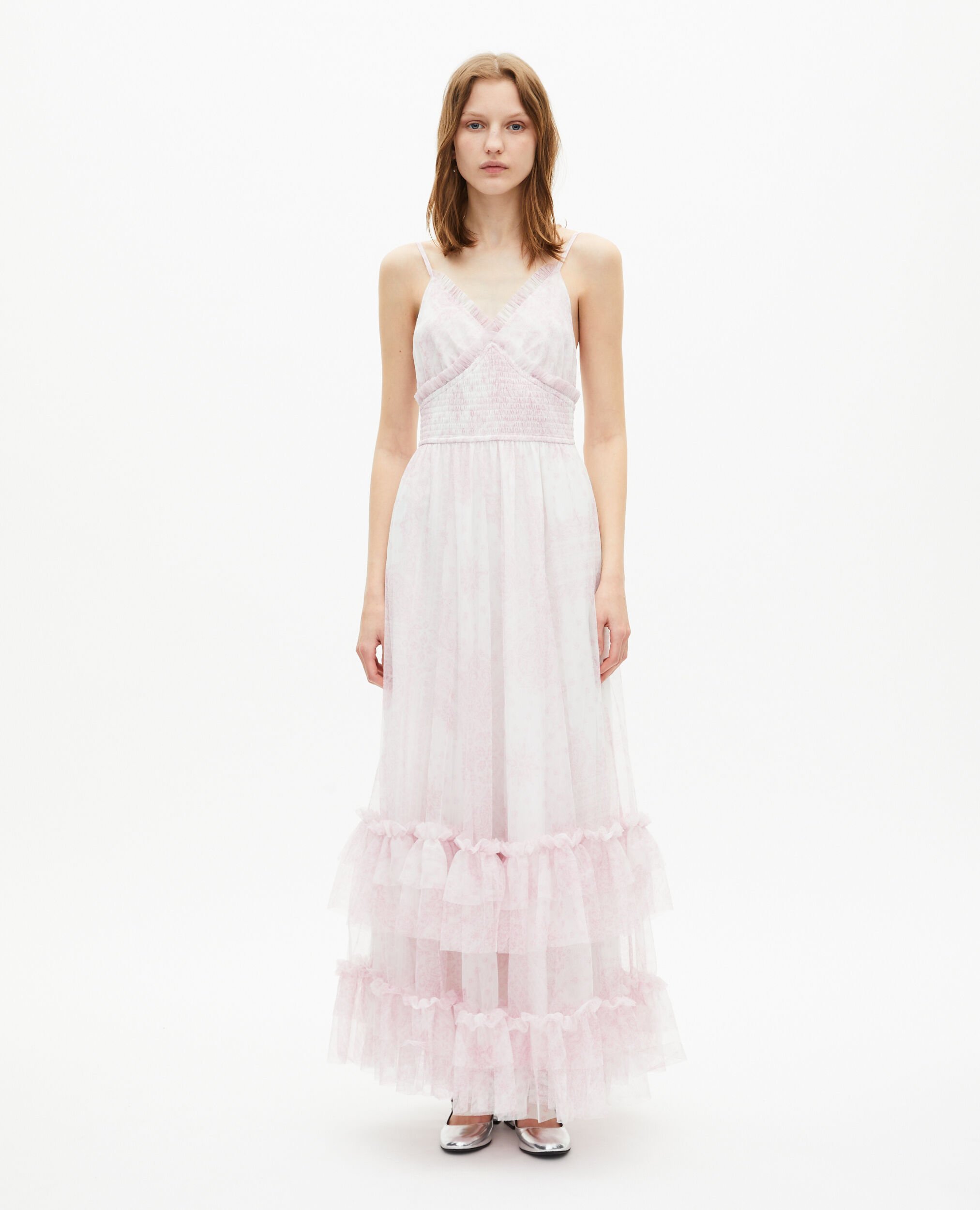 Long dress in pale pink printed tulle, WHITE - PINK, hi-res image number null
