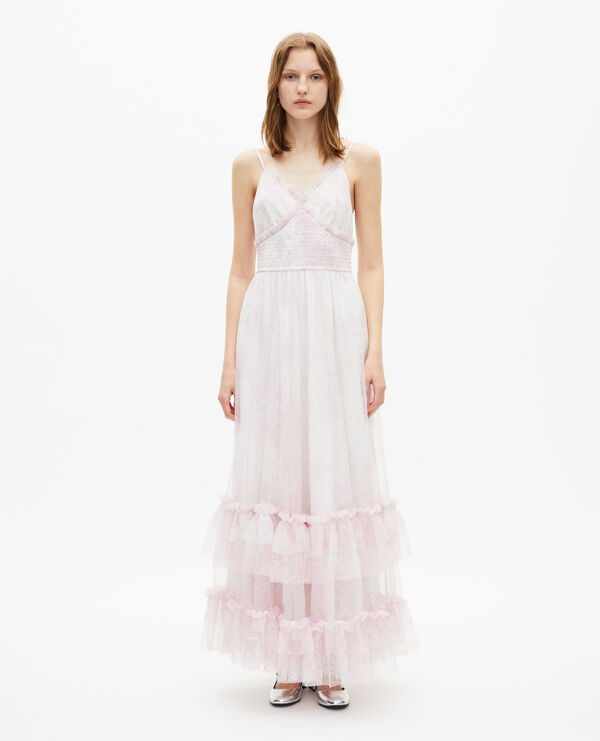 The Kooples FEMME WHITE - PINK robe longue en tulle imprimé rose pâle