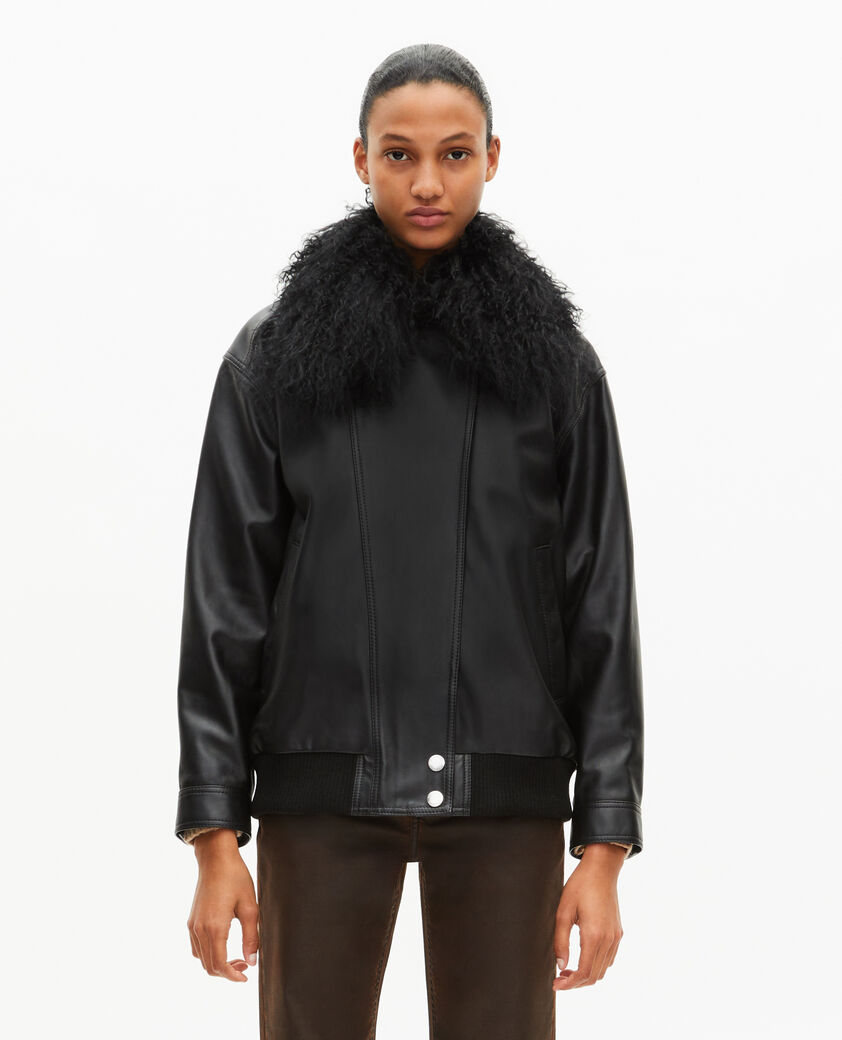 The Kooples WOMEN BLACK leather jacket with removable fur collar, black