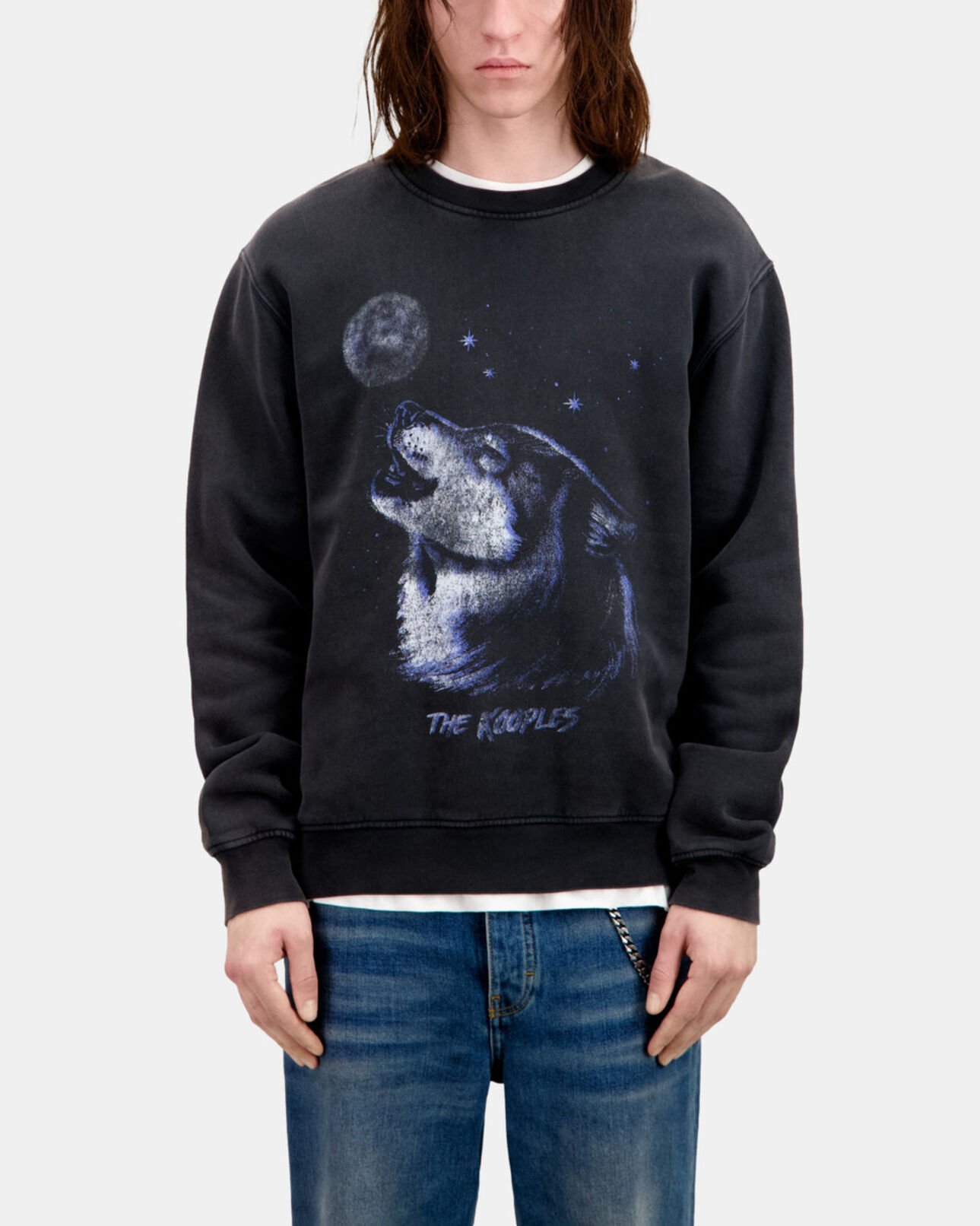 The Kooples HERREN BLACK WASHED herren schwarzes sweatshirt mit „wolf“-siebdruck