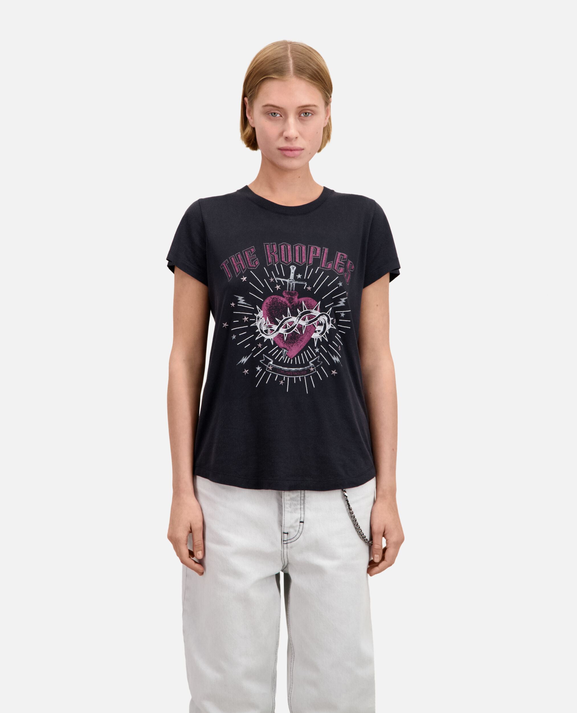Women's black t-shirt with dagger through heart serigraphy, BLACK, hi-res image number null