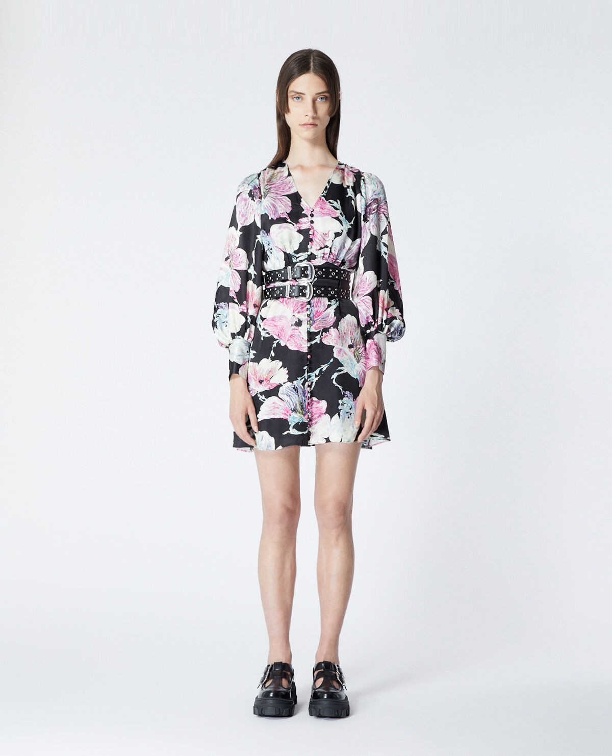 Short black dress with floral print The Kooples UK
