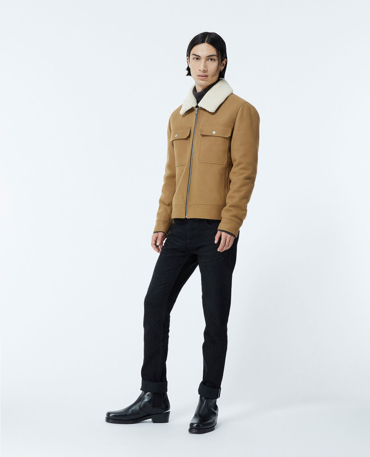 Camel-colored wool jacket w/sheepskin collar | The Kooples - US
