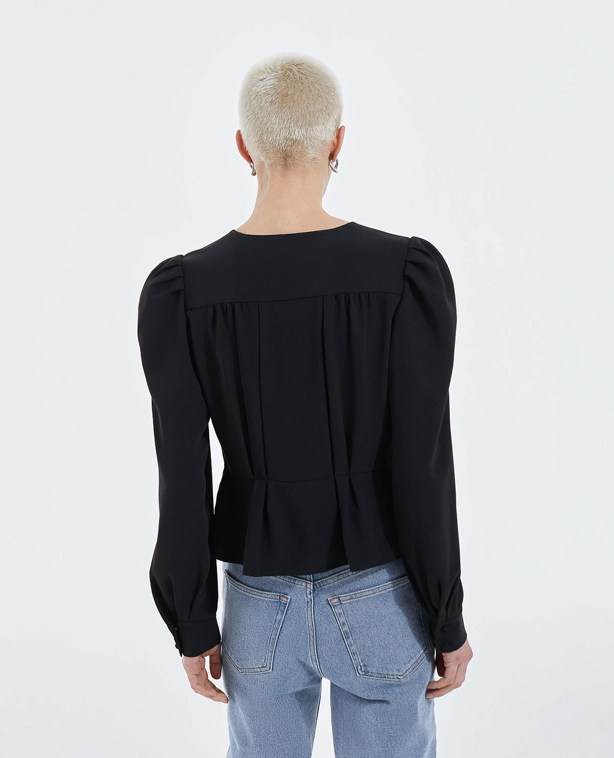 Black crepe top with V-neck - covered buttons, BLACK, hi-res image number null