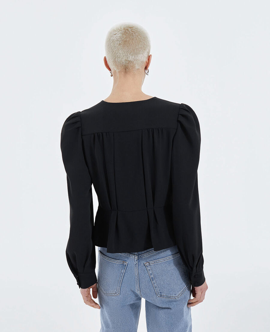 black crepe top with v-neck - covered buttons