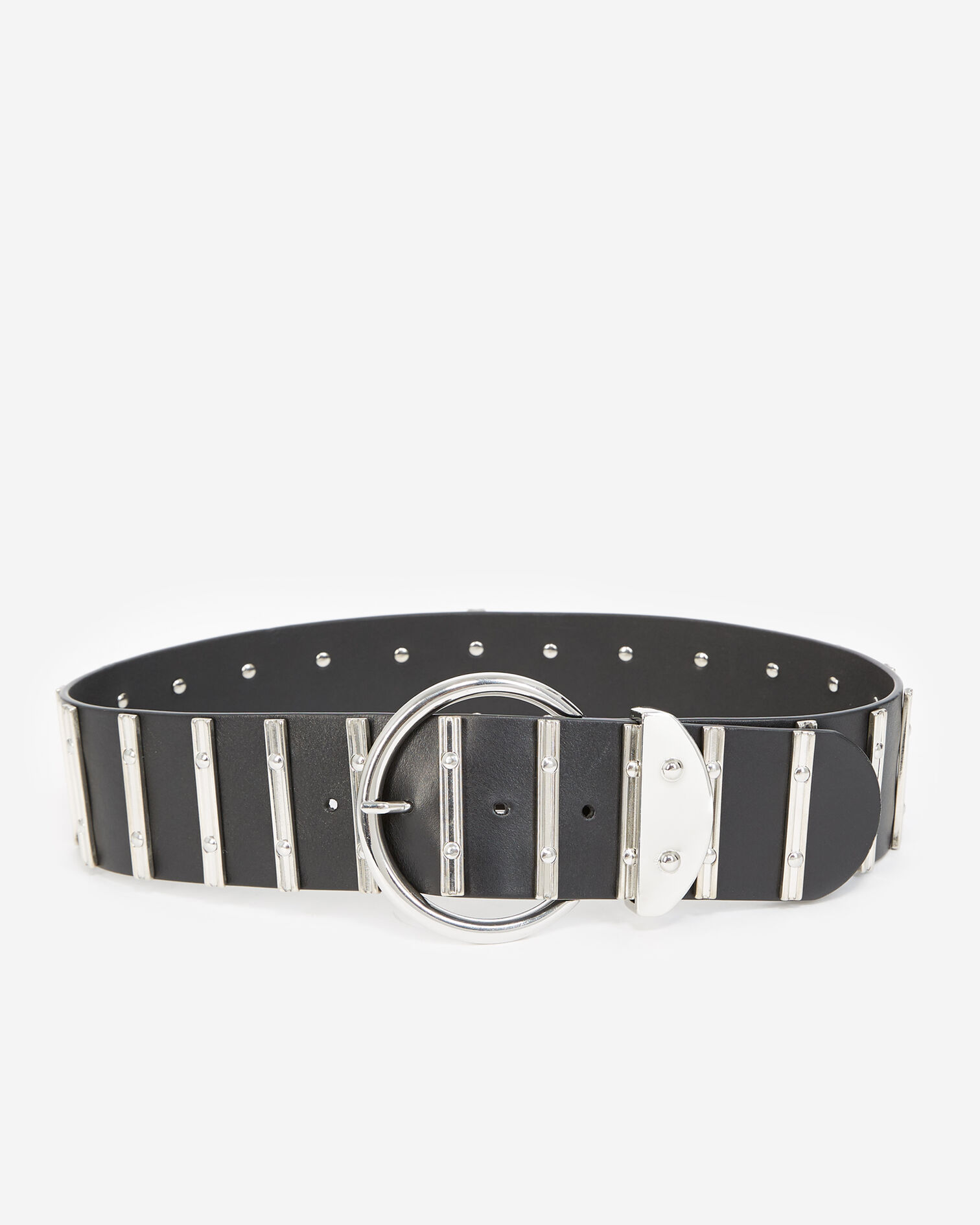 Black skinny leather belt with silver details, BLACK, hi-res image number null