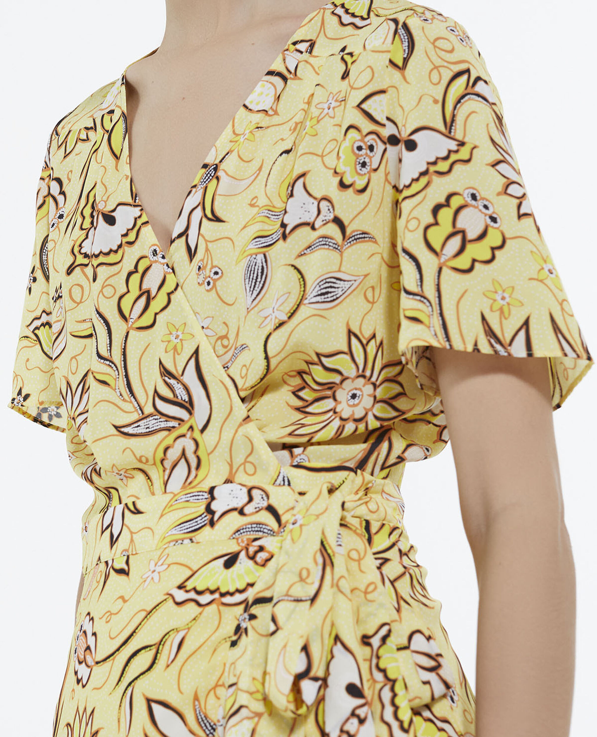 Long yellow wrap dress with floral motif, YELLOW, hi-res image number null