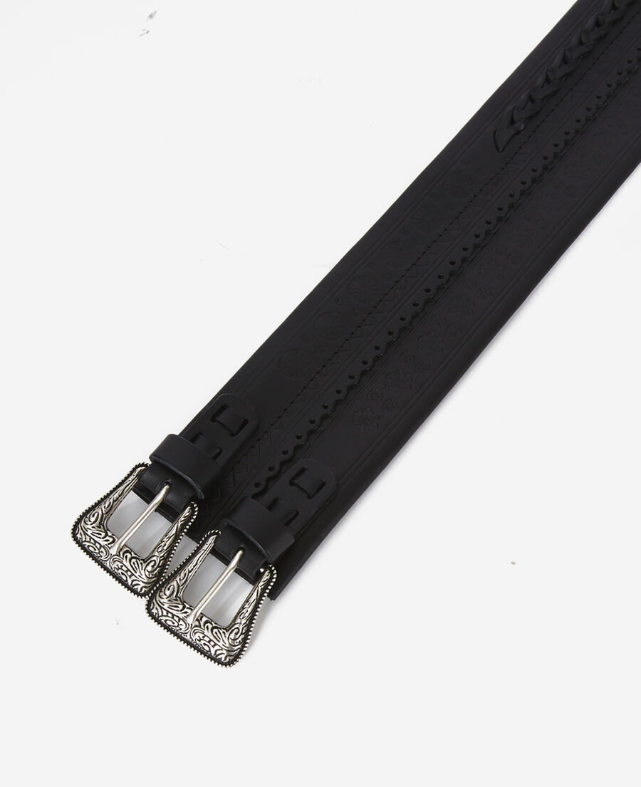 wide black leather belt with double buckle