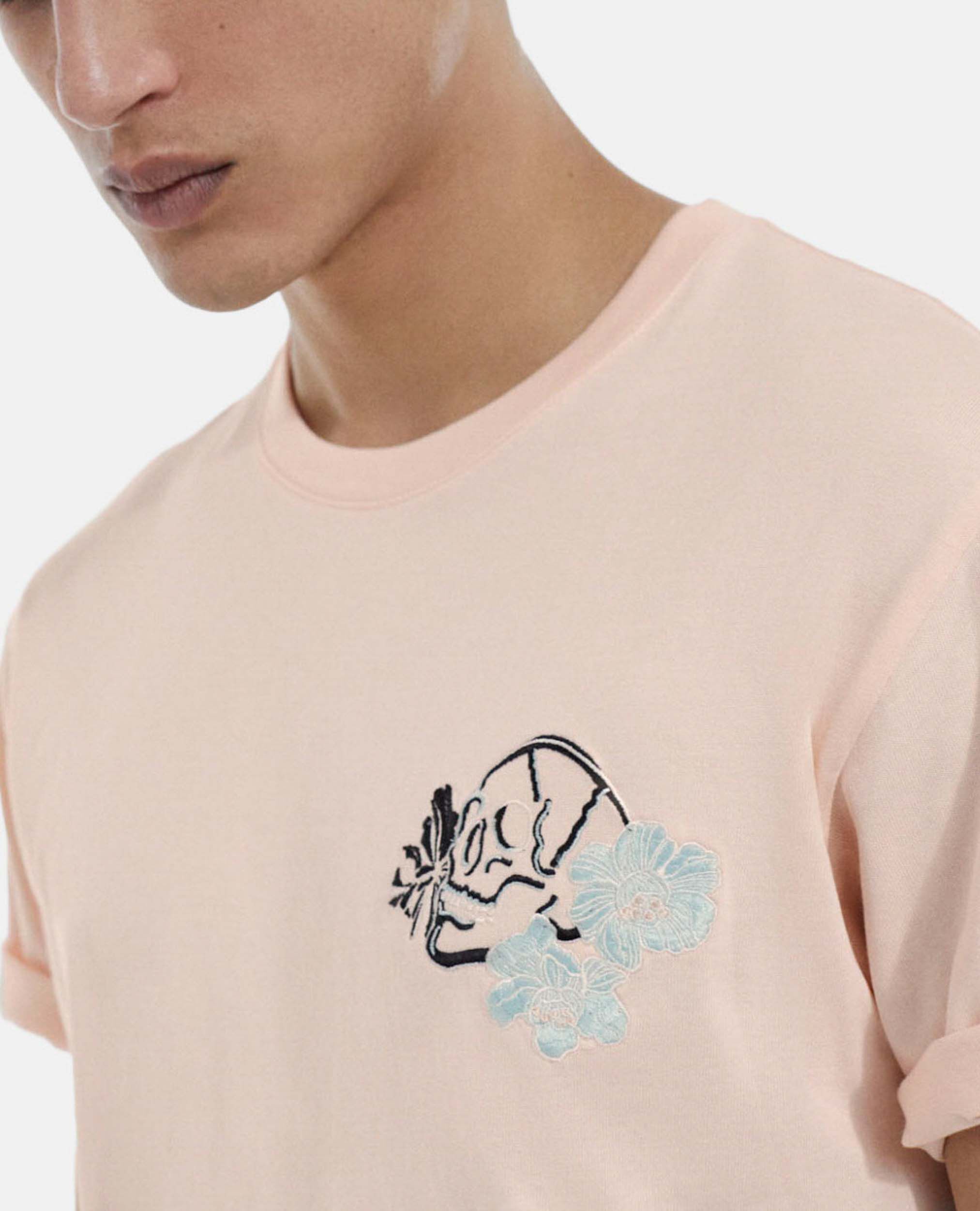 Pink printed T shirt with skull and flowers The Kooples US