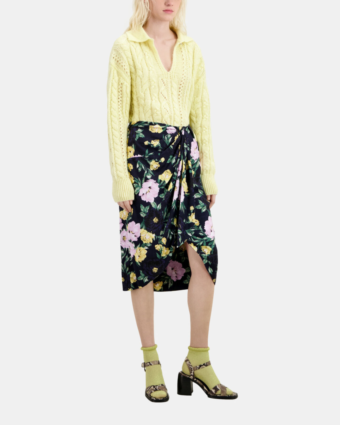 The Kooples FEMME LIGHT PINK / DARK NAVY jupe midi fleurie