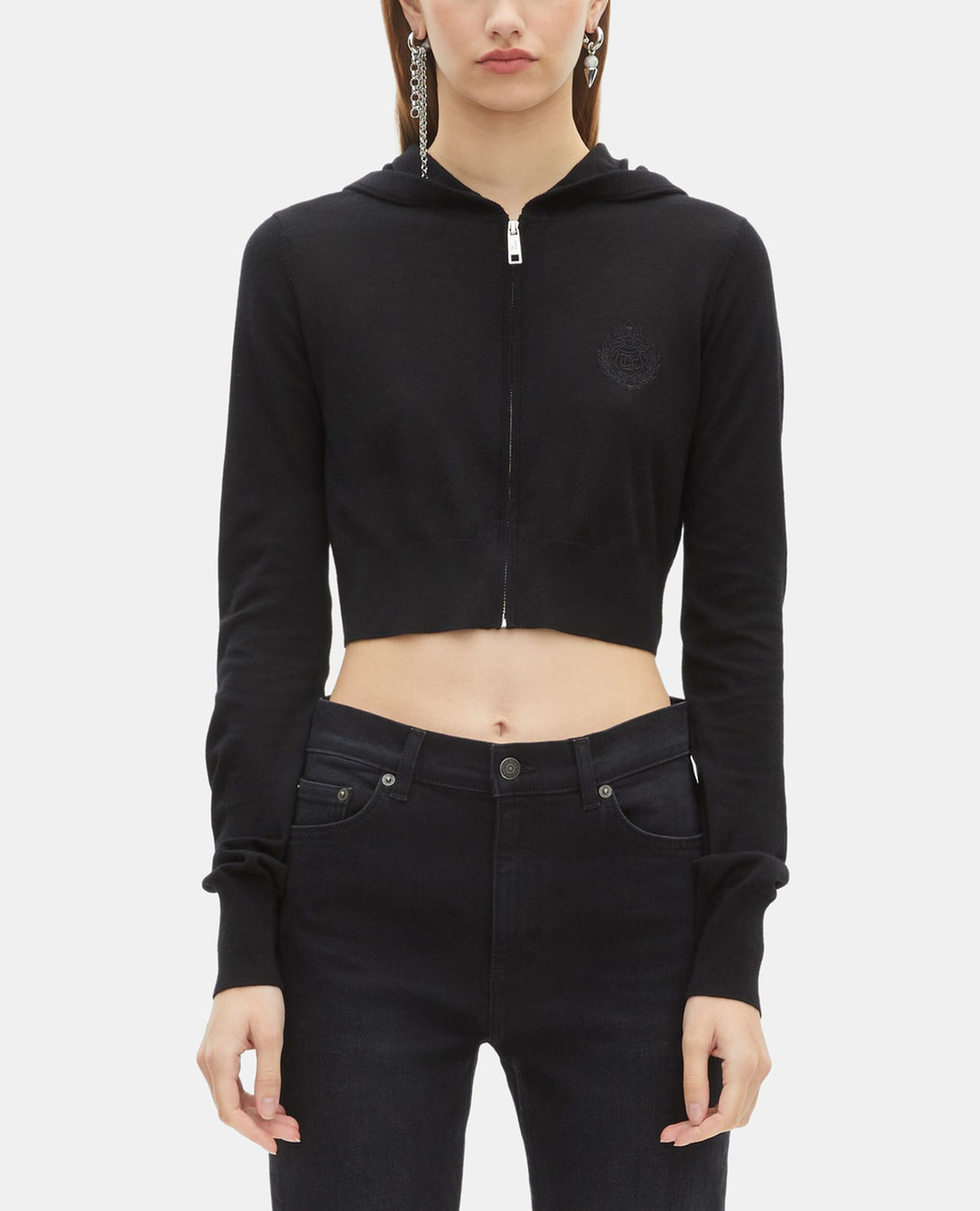 Black wool hooded cardigan , BLACK, hi-res image number null