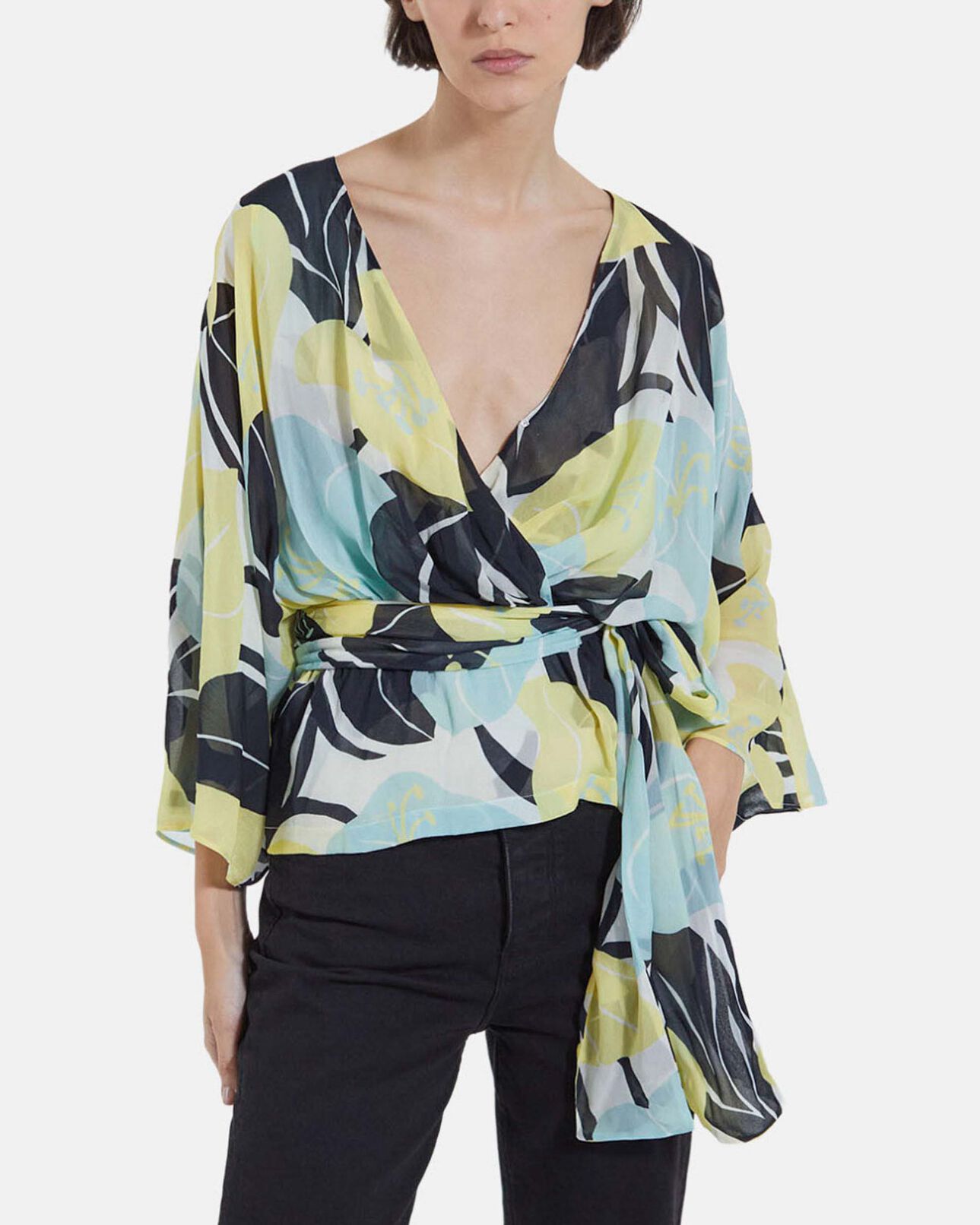 The Kooples FEMME GREEN top fluide vert kimono imprimé fleuri