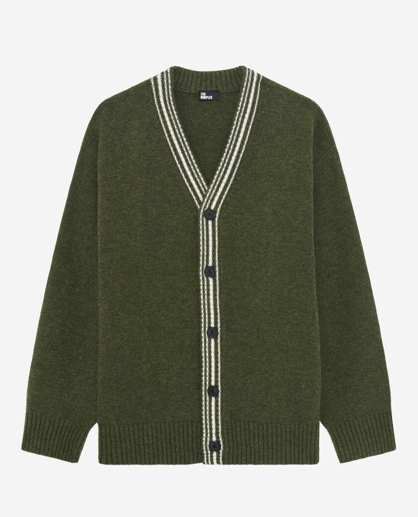The Kooples H GREEN wool cardigan with khaki contrasting stripes