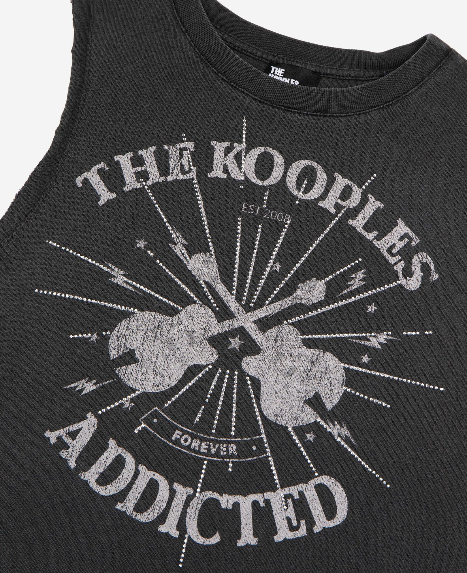 The Kooples WOMEN BLACK WASHED faded black screen print tank top with rhinestones
