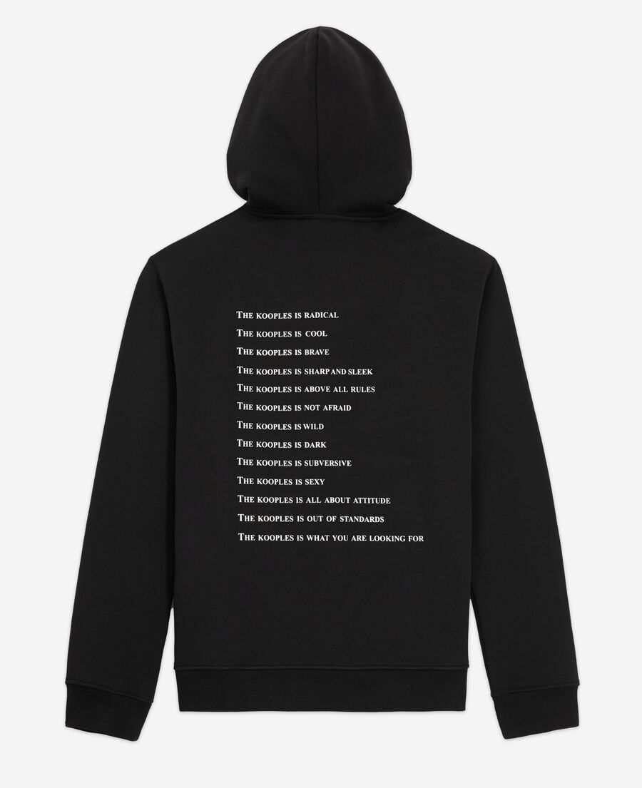 black sweatshirt with what is screen print