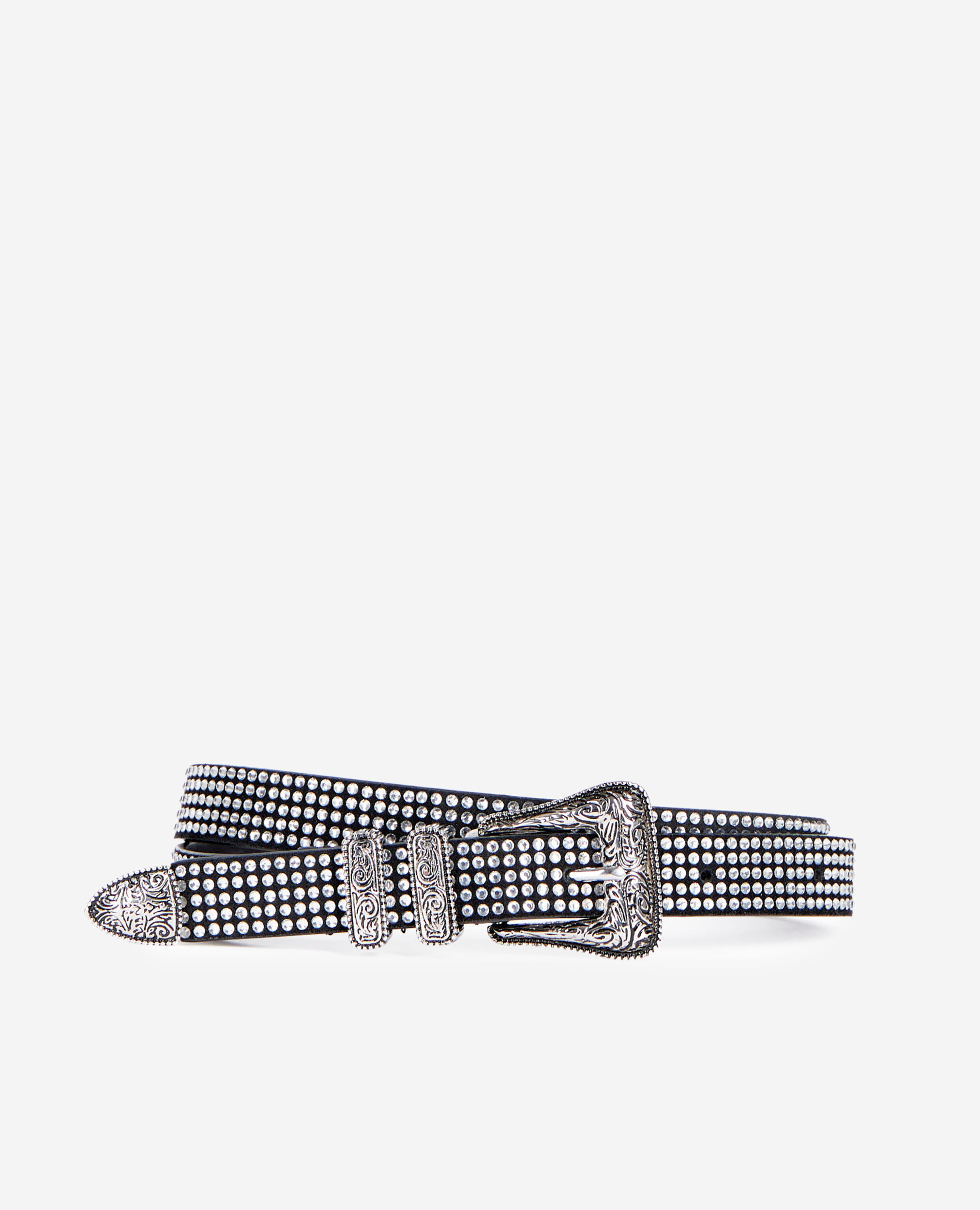 Thin leather belt with rhinestones and Western buckle, ANTIC SILVER, hi-res image number null