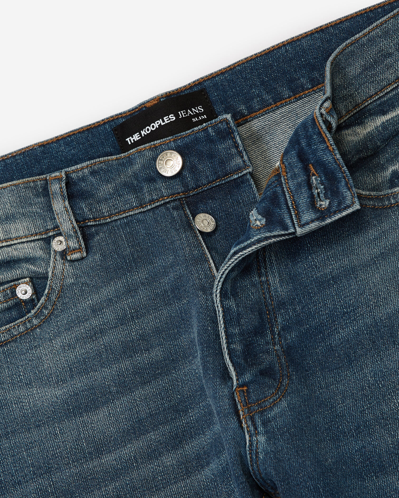 Faded ripped blue jeans with leather tag, BLUE DENIM, hi-res image number null