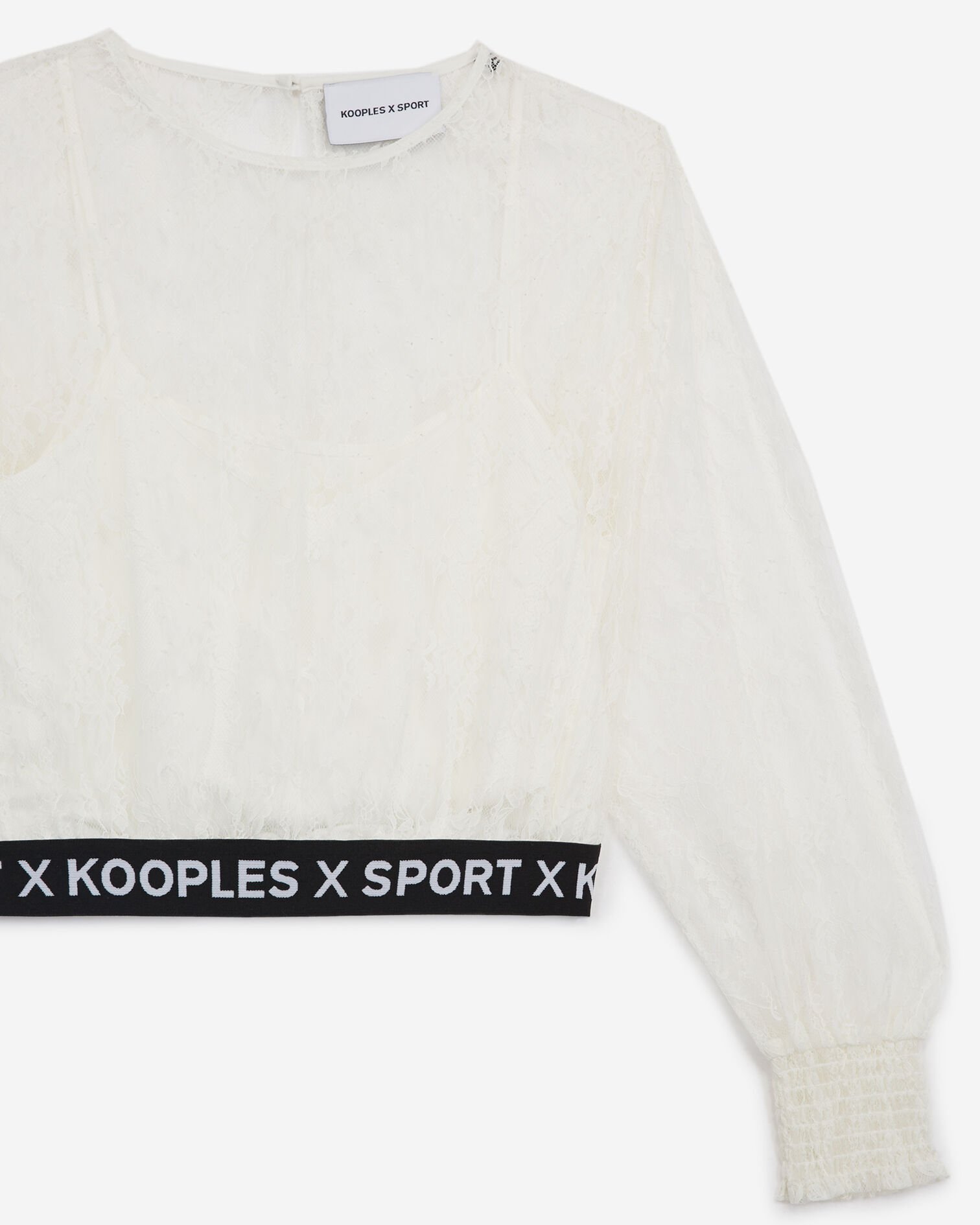 Ecru lace top with long sleeves and logo, ECRU, hi-res image number null