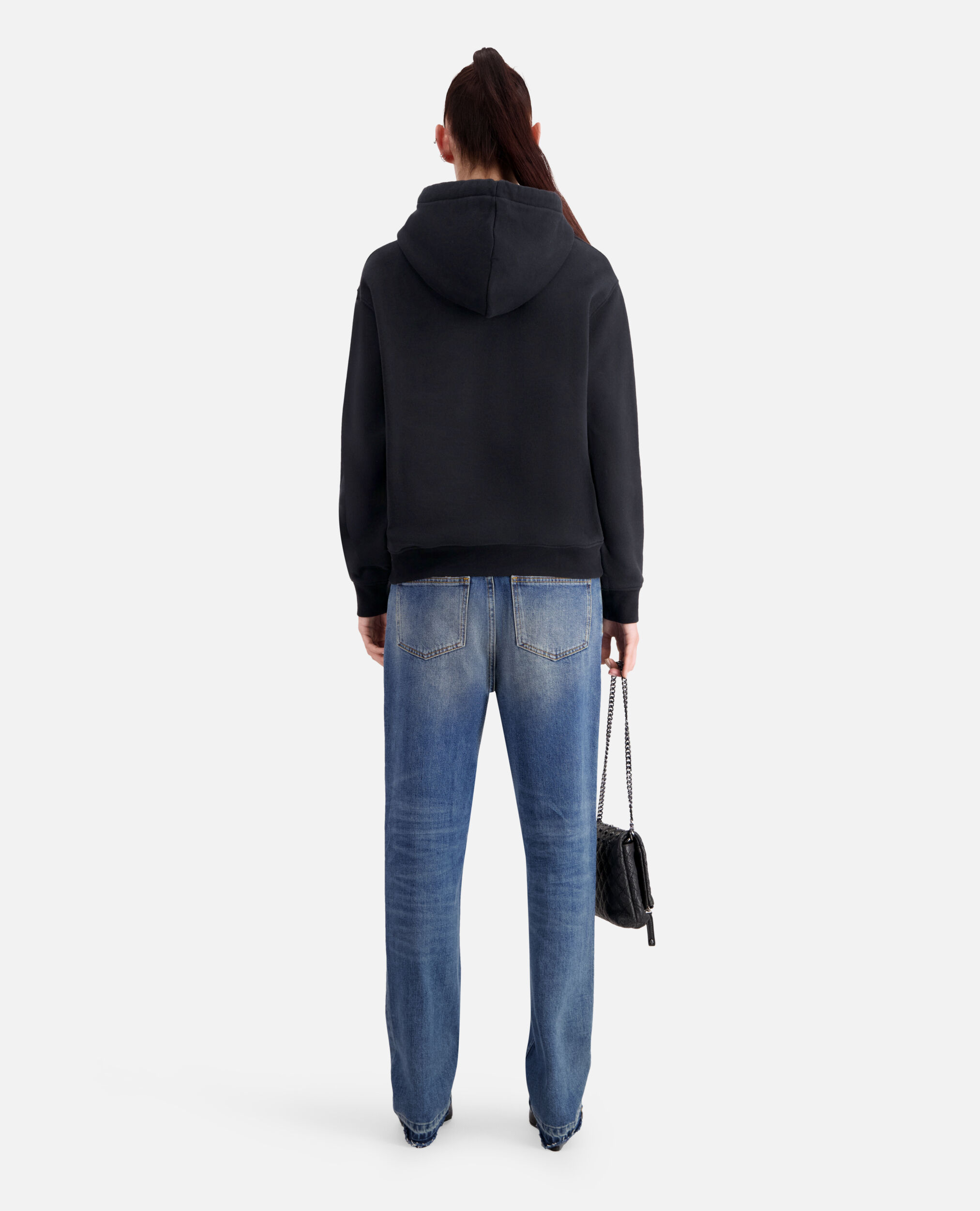 Damen Schwarzes Kapuzensweatshirt mit Siebdruck, BLACK WASHED, hi-res image number null