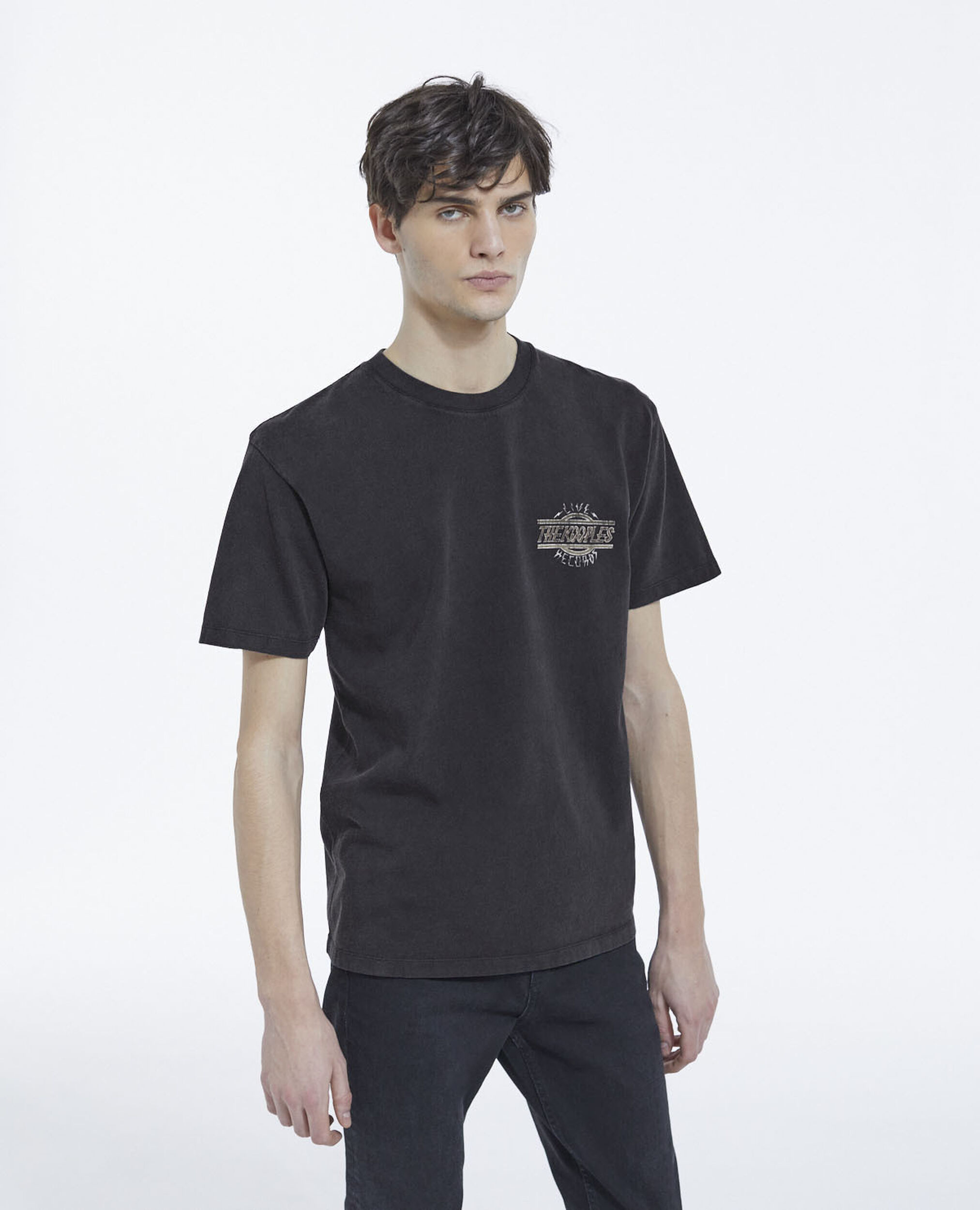 T-shirt noir délavé coton imprimé col rond, BLACK WASHED, hi-res image number null