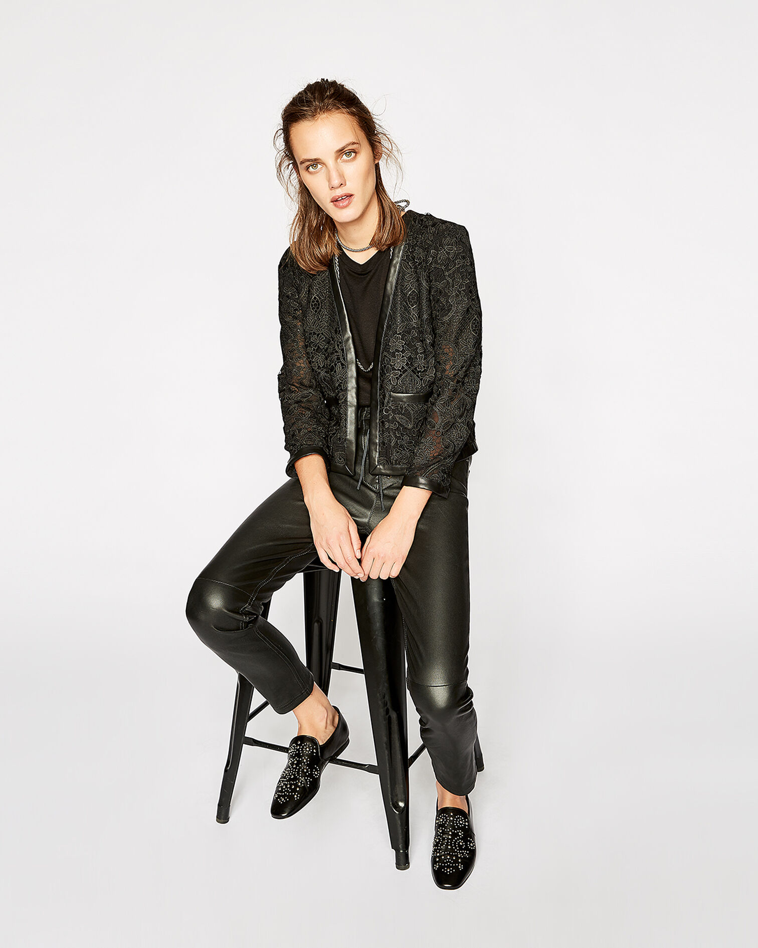 Veste courte en dentelle détails cuir, BLACK, hi-res image number null