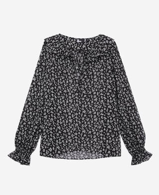 The Kooples F BLACK-ECRU printed top with ruffles