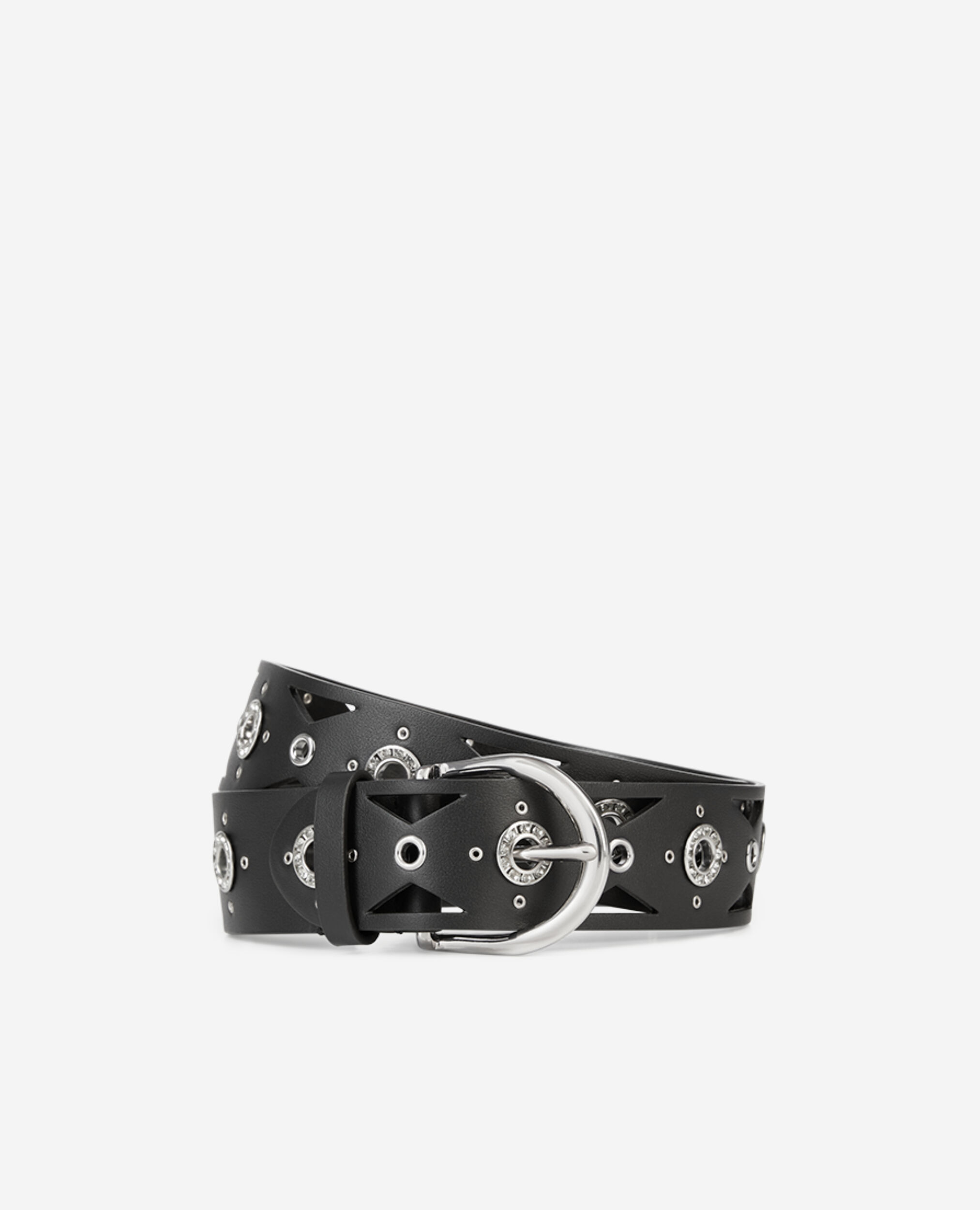 Black leather belt with cutouts and rhinestone eyelets, BLACK, hi-res image number null
