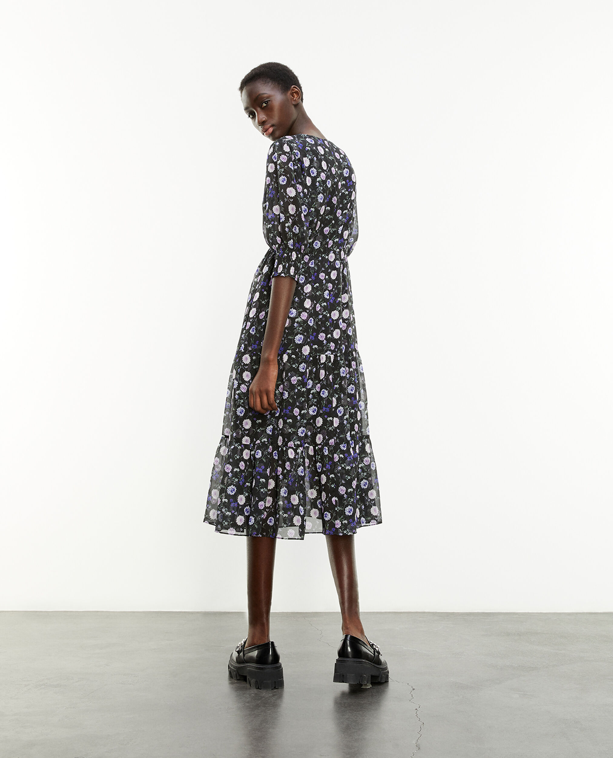 Buttoned printed midi dress with frills, BLACK-PURPLE, hi-res image number null