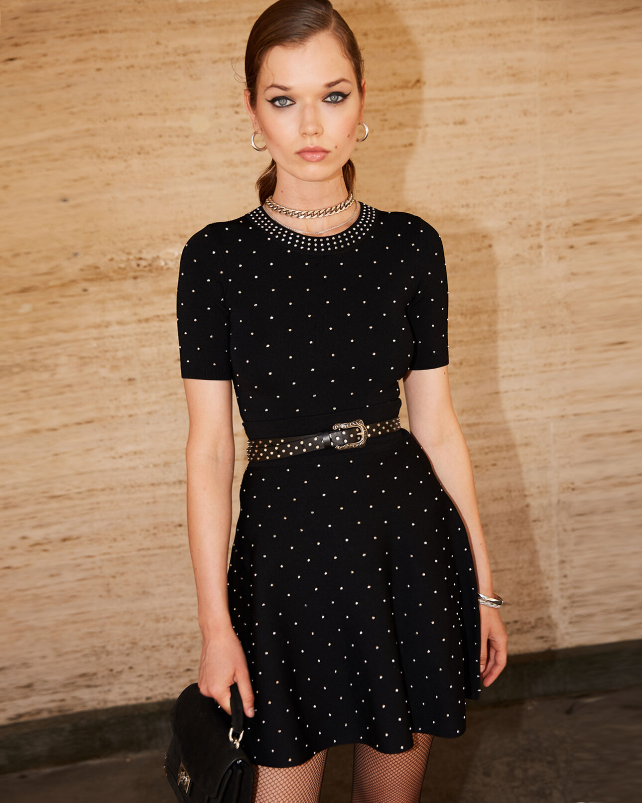 The Kooples WOMEN BLACK studded short black skirt in stretch fabric