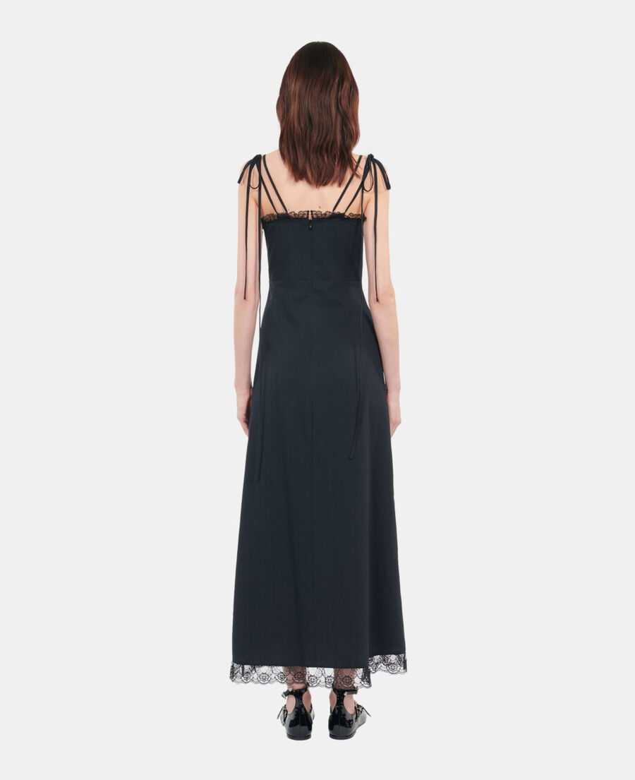 The Kooples DAMEN BLACK langes schwarzes kleid mit spitzendetails