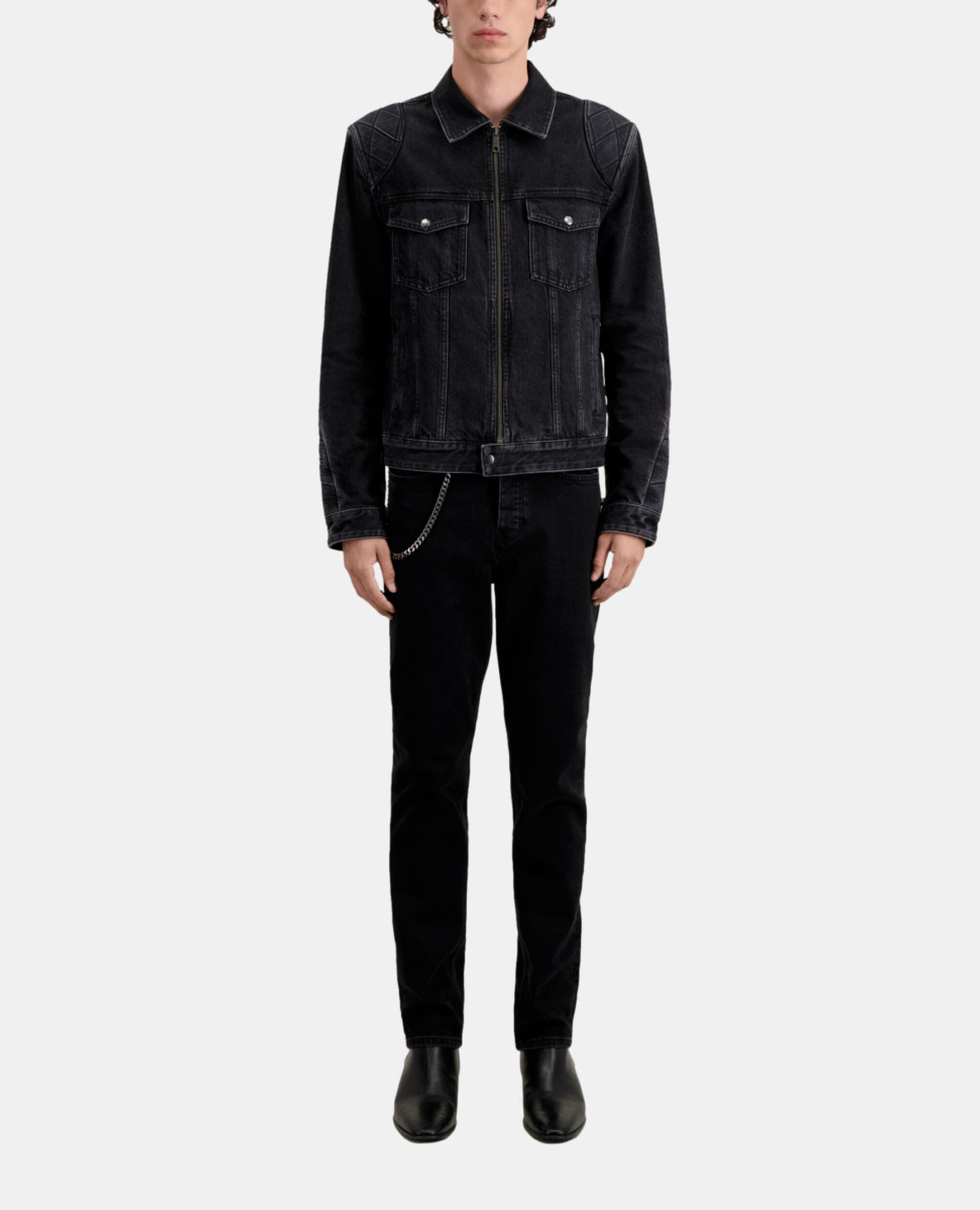Black denim biker jacket, BLACK WASHED, hi-res image number null