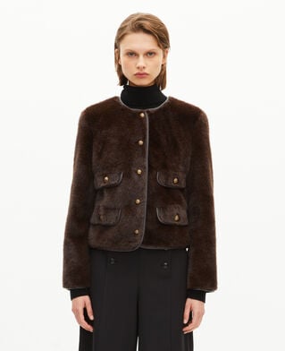 The Kooples MUJER CHOCOLATE chaqueta efecto piel con detalles de cuero marr&oacute;n