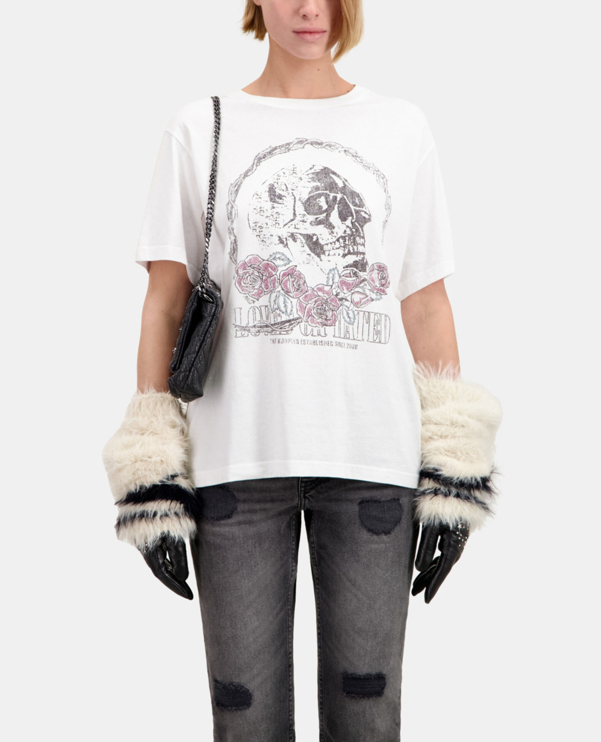 Women's white t-shirt with vintage skull serigraphy, WHITE, hi-res image number null
