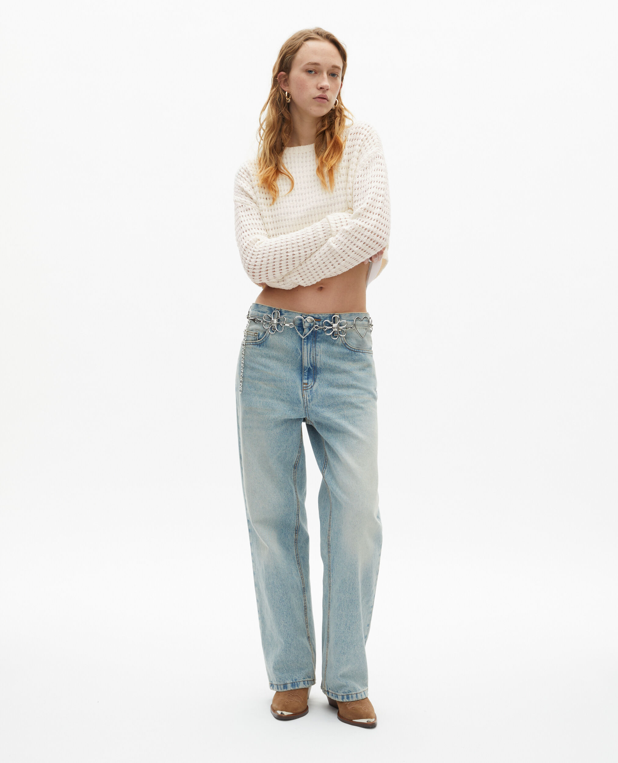 Short ecru openwork cotton blend sweater, ECRU, hi-res image number null