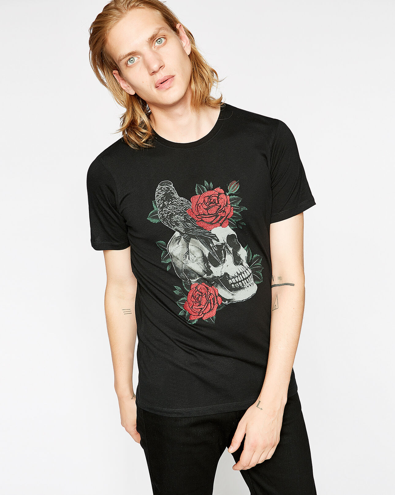 The Kooples MEN BLACK skull - roses black cotton t-shirt