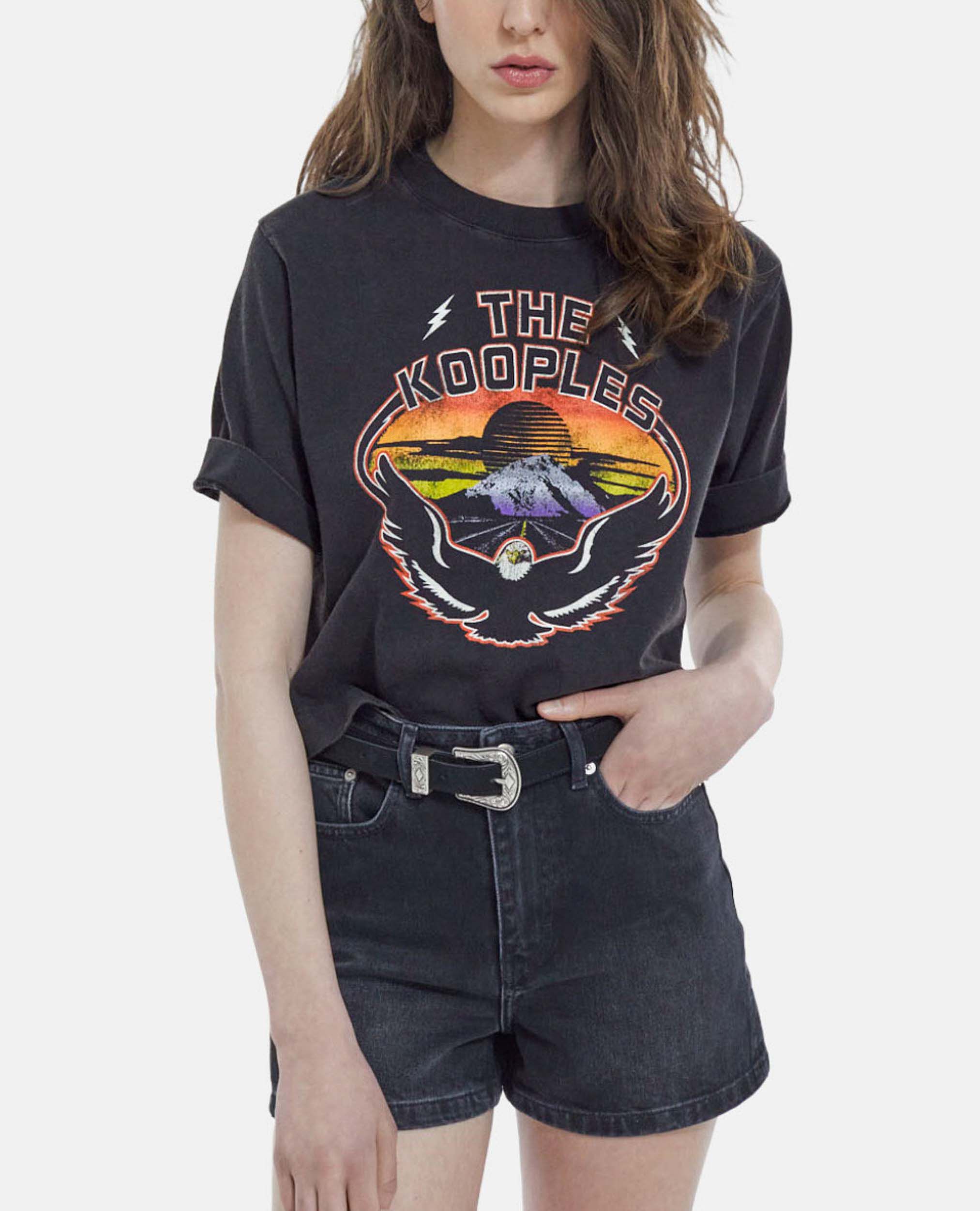 Black short sleeve cotton T shirt with eagle print The Kooples US