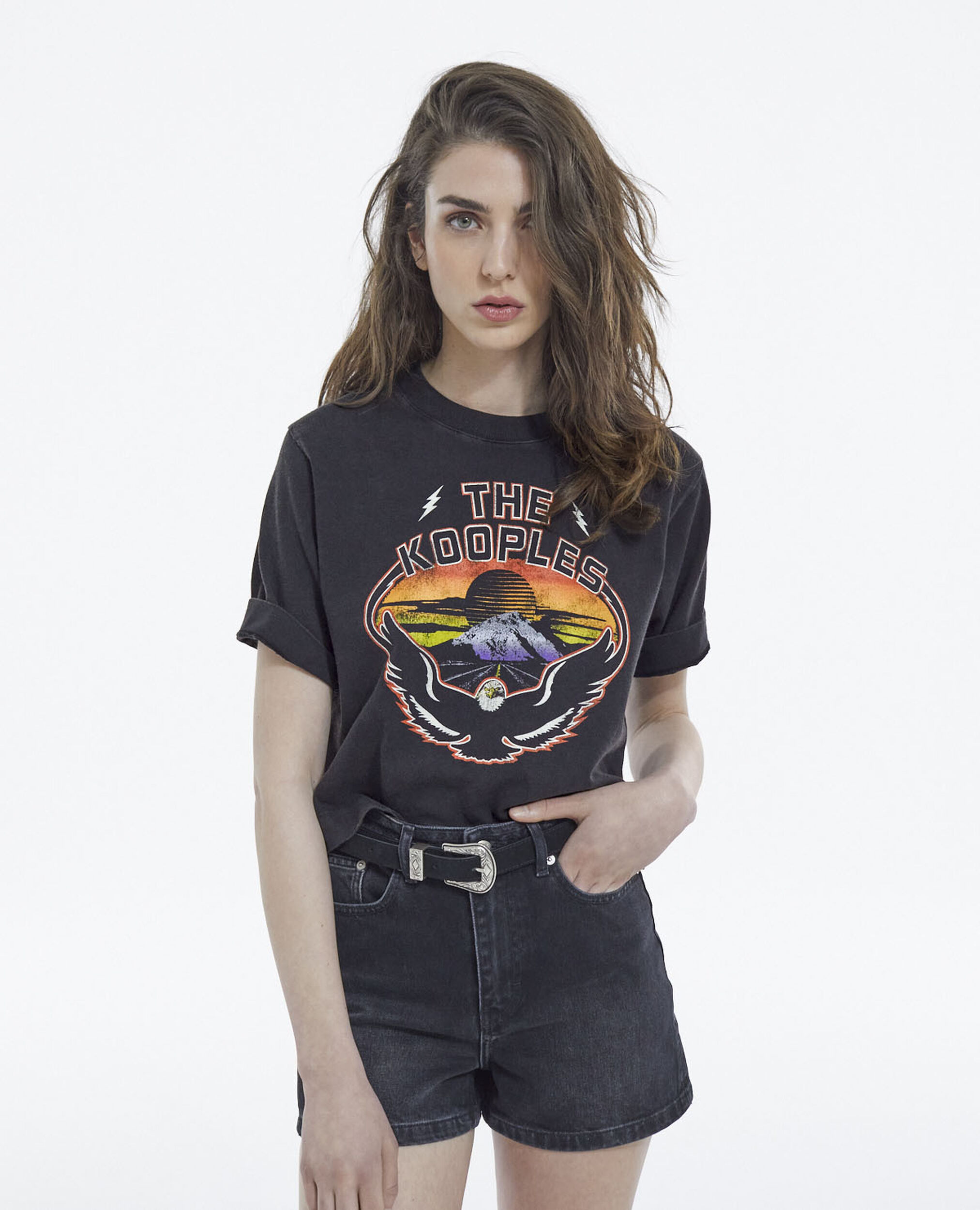 Schwarzes Kurzarm-T-Shirt mit Adler-Print, BLACK WASHED, hi-res image number null