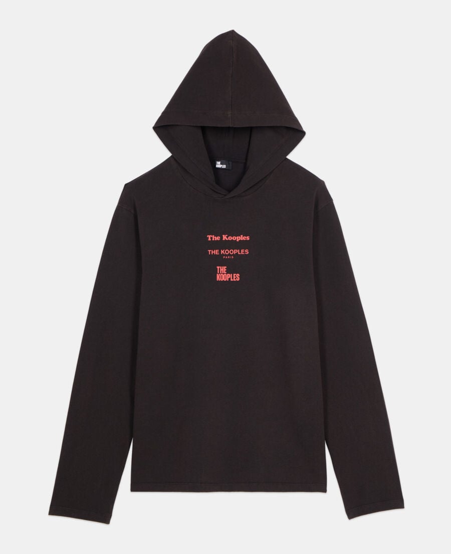 The Kooples MEN BLACK WASHED long-sleeved black hooded locations serigraphy t-shirt
