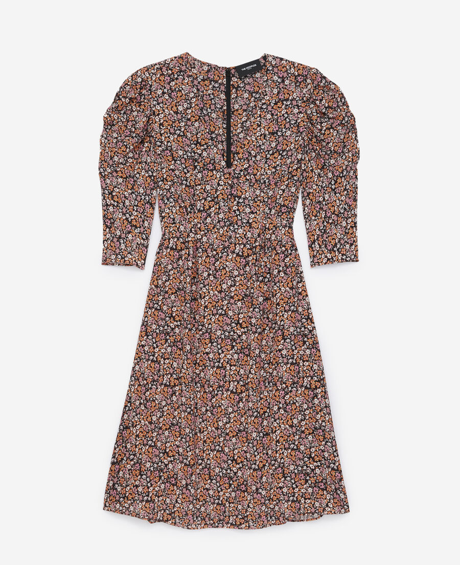 short printed dress with gathered shoulders