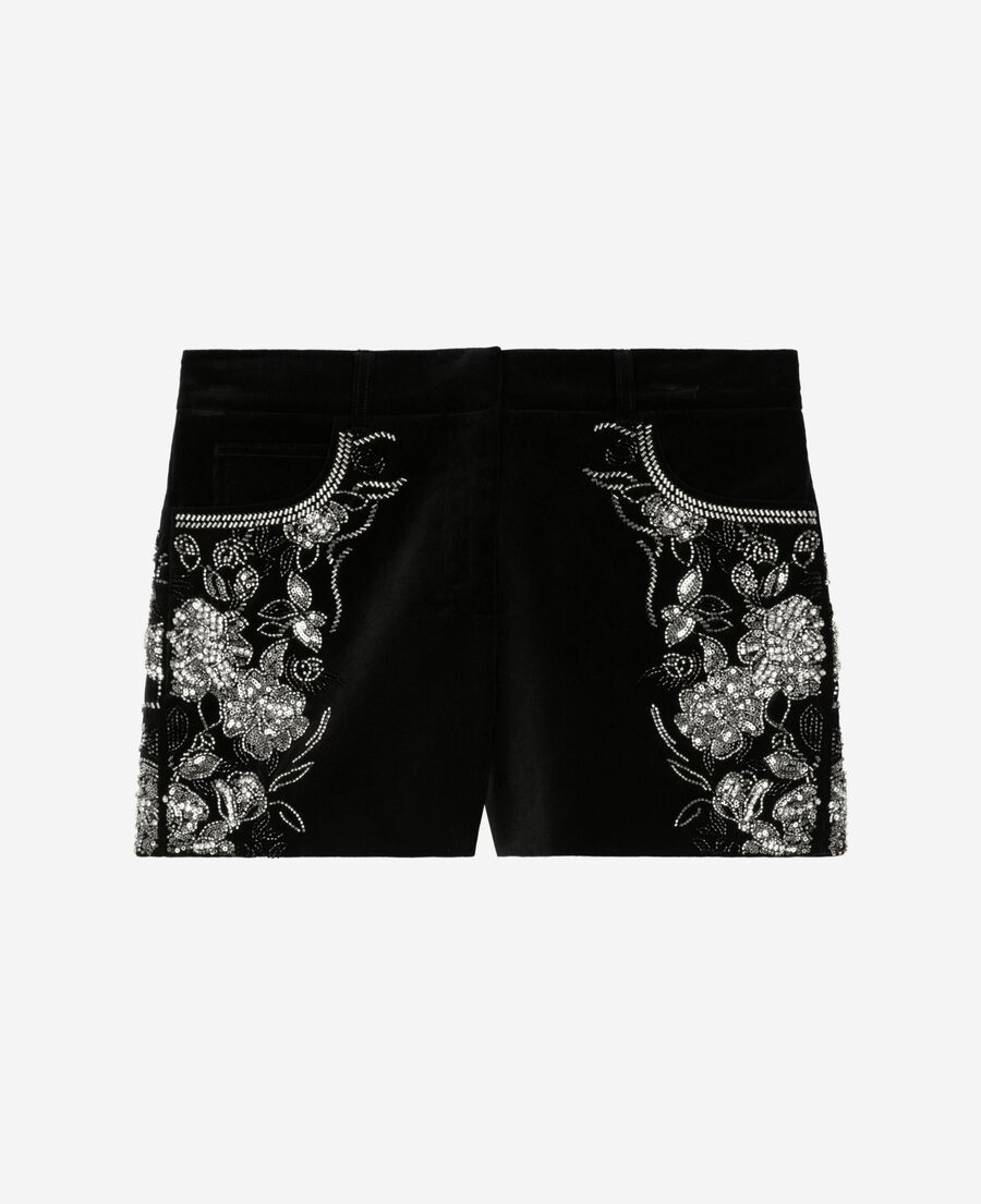 The Kooples WOMEN BLACK black velvet shorts embroidered with rhinestones and pearls