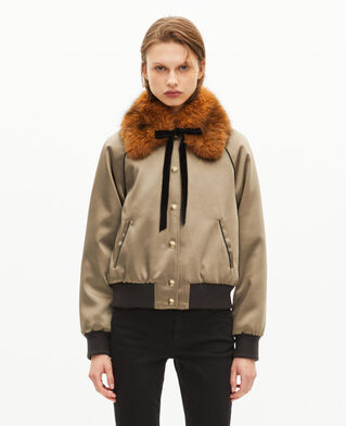 The Kooples FEMME KAKI blouson col fourrure satiné kaki