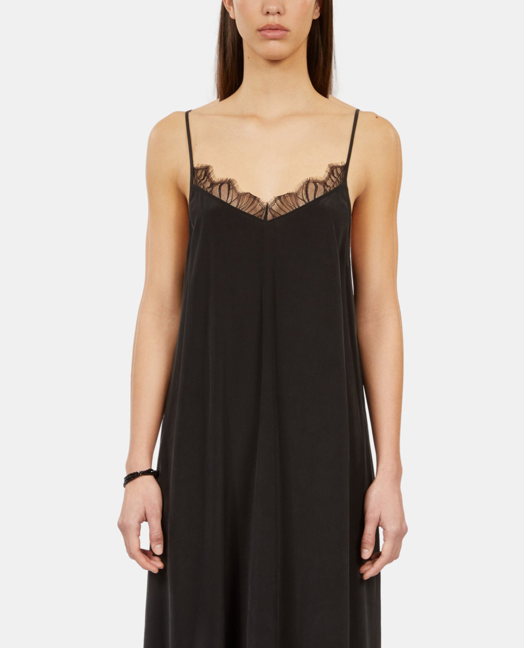 Long black slip dress in washed silk, BLACK, hi-res image number null